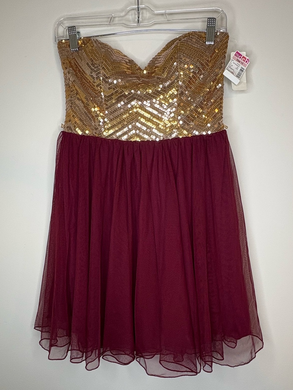 Deb Y2K NWT Gold Sequin Bodice & Burgundy Tulle Homecoming Dress Size 13